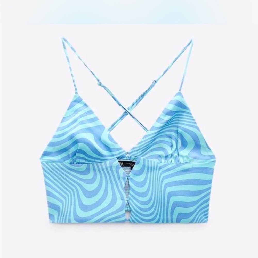 Zara Blue Satin Cross Back Cutout Crop Top